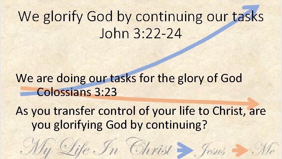 We glorify God by continuing our tasks John 3: 22 -24 We are doing