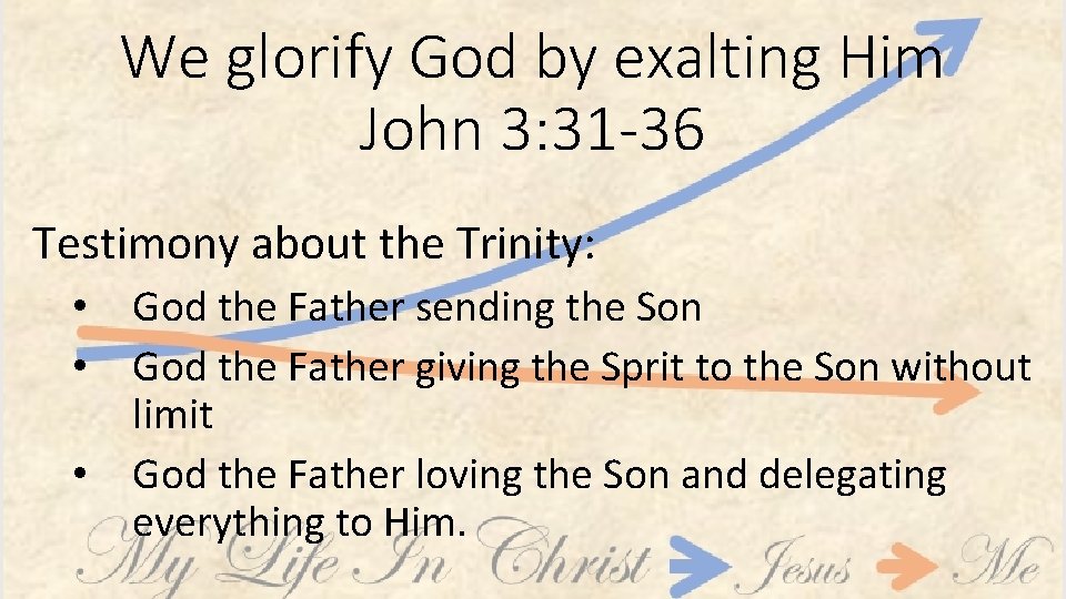 We glorify God by exalting Him John 3: 31 -36 Testimony about the Trinity: