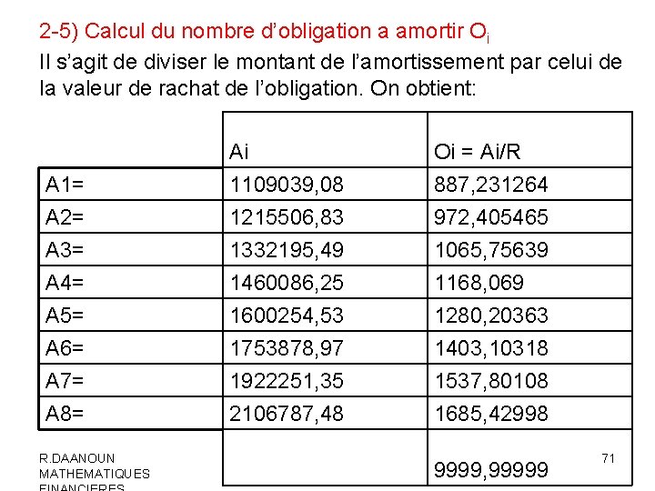 2 -5) Calcul du nombre d’obligation a amortir Oi Il s’agit de diviser le