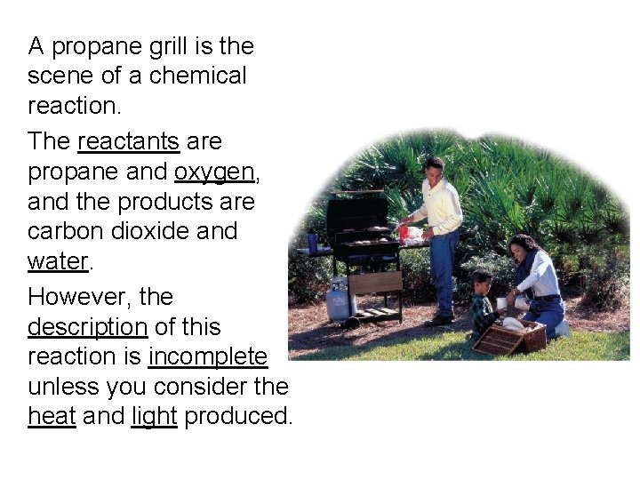A propane grill is the scene of a chemical reaction. The reactants are propane A propane grill is the scene of a chemical reaction. The reactants are propane