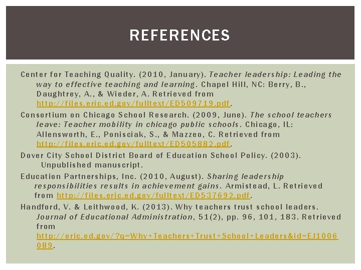 REFERENCES Center for Teaching Quality. (2010, January). Teacher leadership: Leading the way to effective