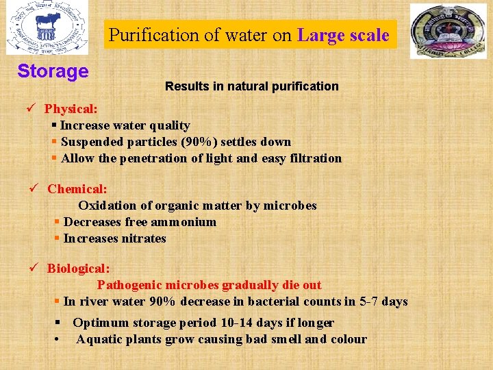 Purification of water on Large scale Storage Results in natural purification ü Physical: §