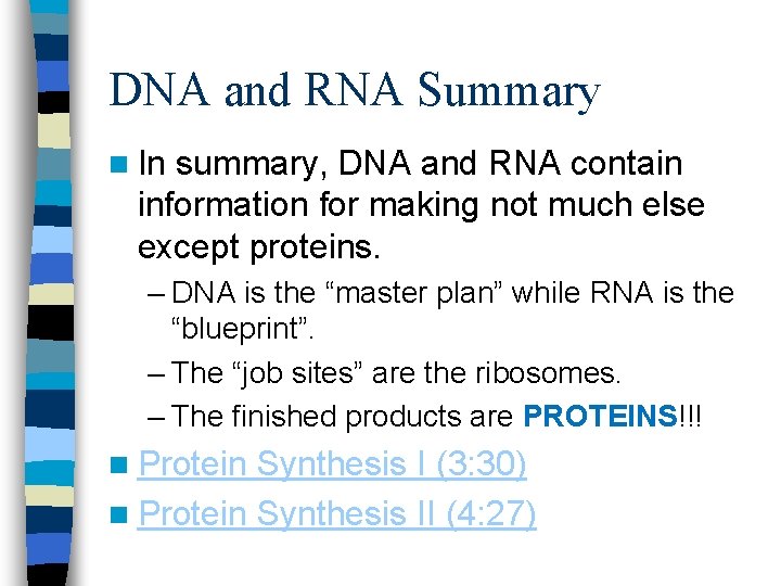 DNA and RNA Summary n In summary, DNA and RNA contain information for making