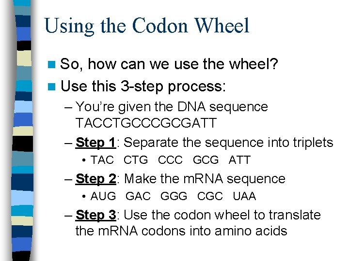 Using the Codon Wheel n So, how can we use the wheel? n Use