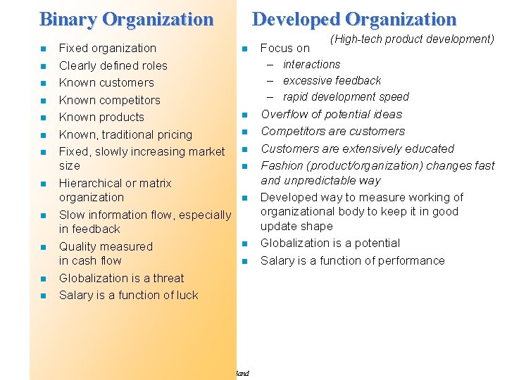 Binary Organization n n n Fixed organization Clearly defined roles Known customers Known competitors