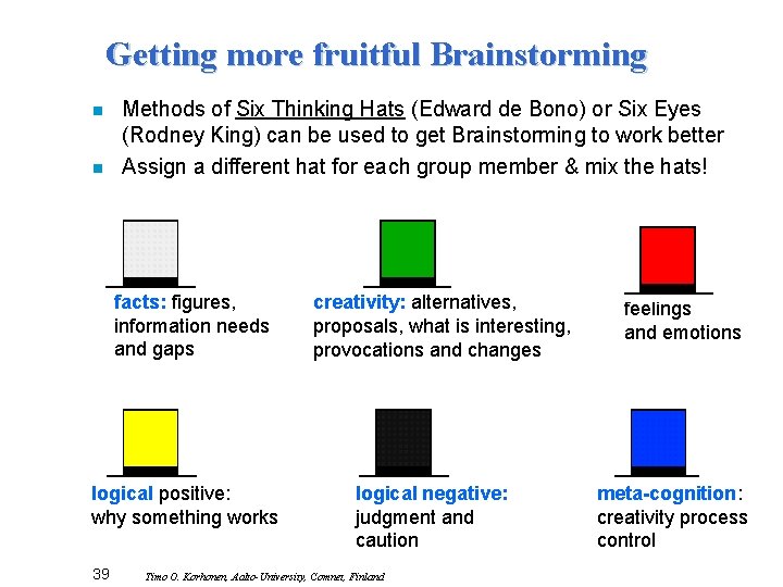 Getting more fruitful Brainstorming n n Methods of Six Thinking Hats (Edward de Bono)