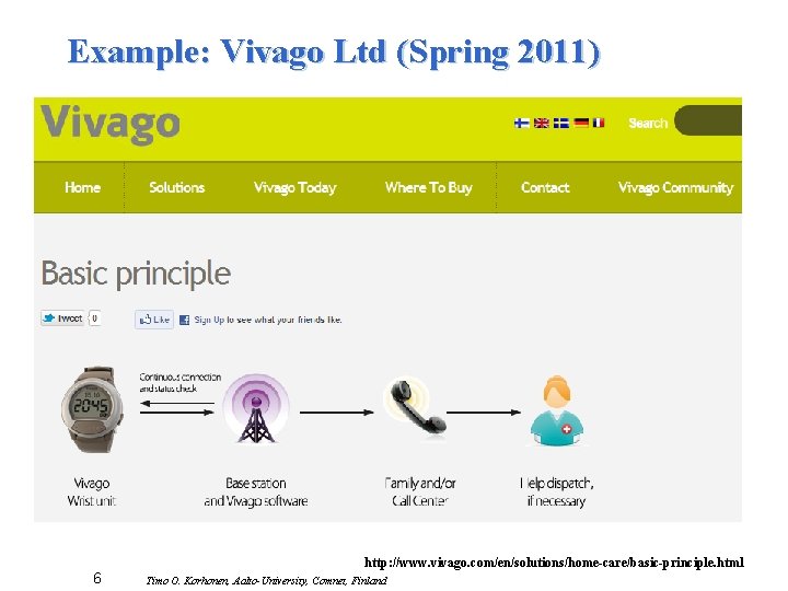 Example: Vivago Ltd (Spring 2011) http: //www. vivago. com/en/solutions/home-care/basic-principle. html 6 Timo O. Korhonen,