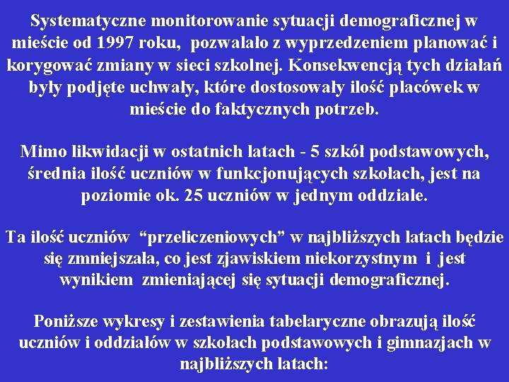 Systematyczne monitorowanie sytuacji demograficznej w mieście od 1997 roku, pozwalało z wyprzedzeniem planować i