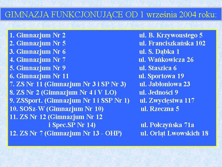 GIMNAZJA FUNKCJONUJĄCE OD 1 września 2004 roku: 1. Gimnazjum Nr 2 ul. B. Krzywoustego