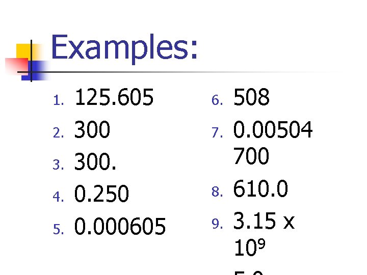 Examples: 1. 2. 3. 4. 5. 125. 605 300. 0. 250 0. 000605 6.