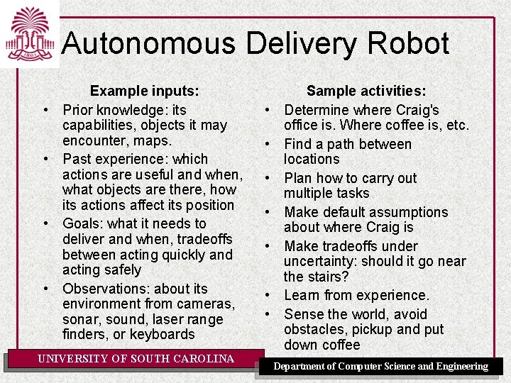 Autonomous Delivery Robot • • Example inputs: Prior knowledge: its capabilities, objects it may