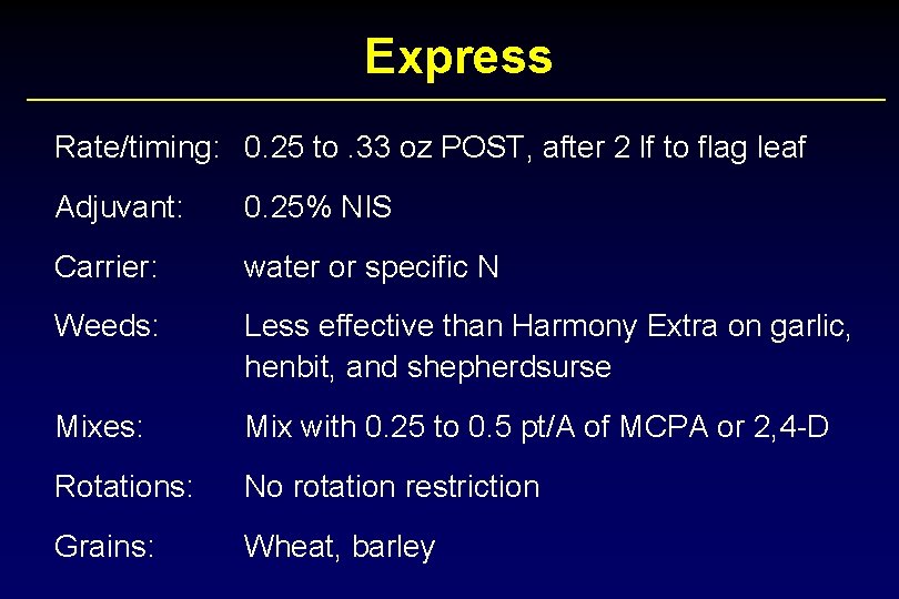 Express Rate/timing: 0. 25 to. 33 oz POST, after 2 lf to flag leaf