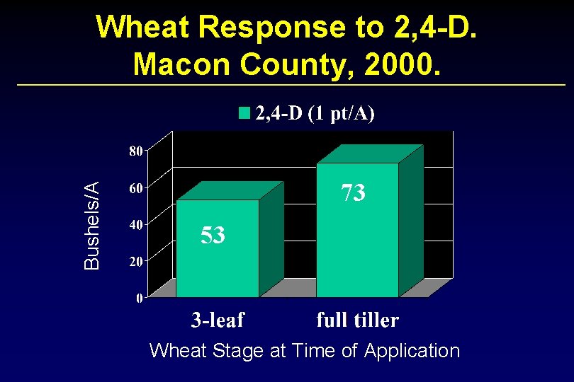 Bushels/A Wheat Response to 2, 4 -D. Macon County, 2000. 73 53 Wheat Stage