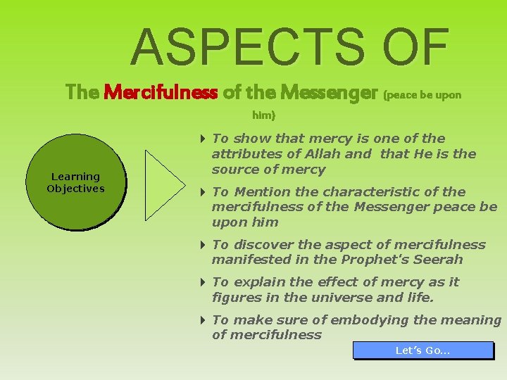 ASPECTS OF The Mercifulness of the Messenger (peace be upon Learning Objectives him) 4
