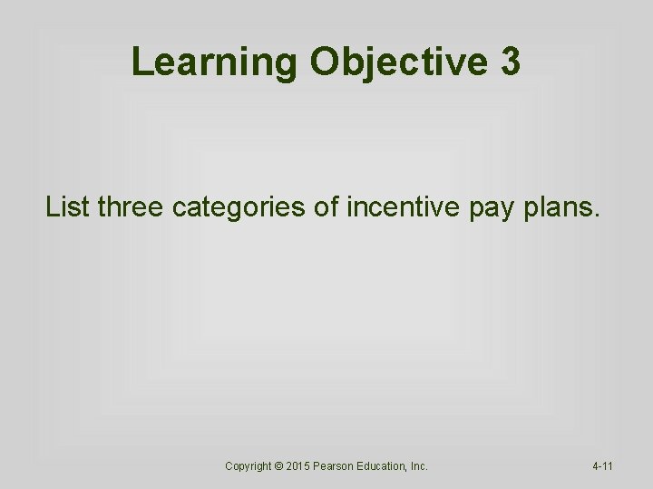 Learning Objective 3 List three categories of incentive pay plans. Copyright © 2015 Pearson Learning Objective 3 List three categories of incentive pay plans. Copyright © 2015 Pearson