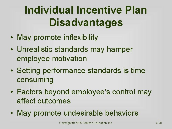 Individual Incentive Plan Disadvantages • May promote inflexibility • Unrealistic standards may hamper employee Individual Incentive Plan Disadvantages • May promote inflexibility • Unrealistic standards may hamper employee