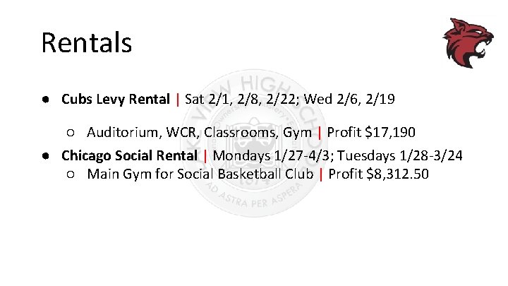 Rentals ● Cubs Levy Rental | Sat 2/1, 2/8, 2/22; Wed 2/6, 2/19 ○