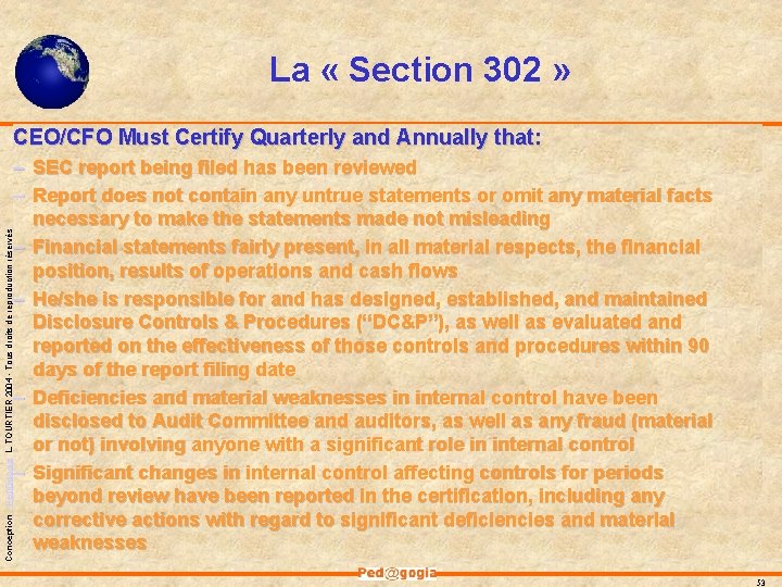 La « Section 302 » CEO/CFO Must Certify Quarterly and Annually that: Conception -