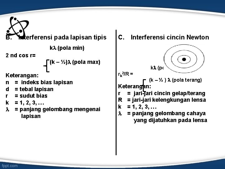 B. Interferensi pada lapisan tipis C. Interferensi cincin Newton k (pola min) 2 nd