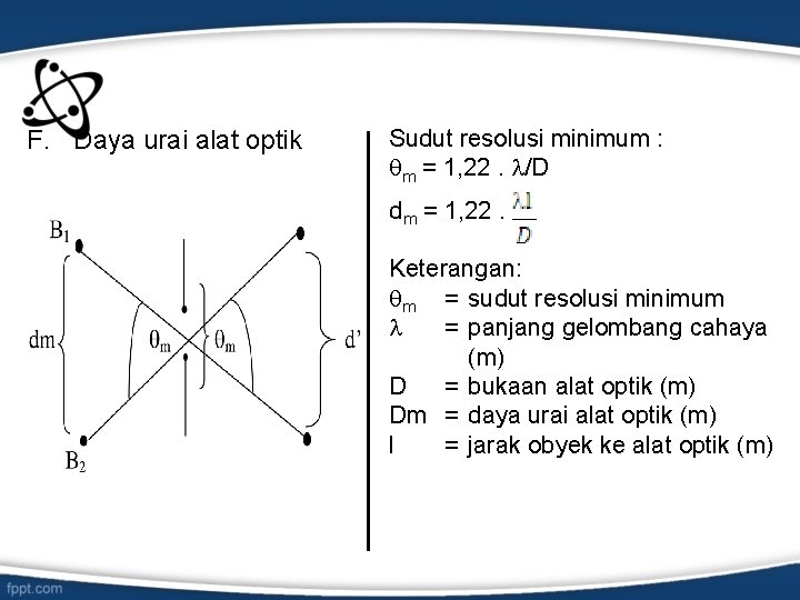 F. Daya urai alat optik Sudut resolusi minimum : m = 1, 22. /D