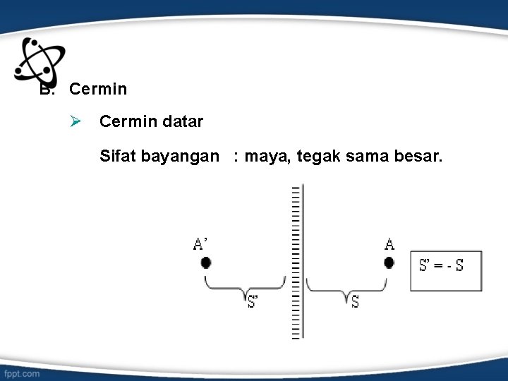 B. Cermin Ø Cermin datar Sifat bayangan : maya, tegak sama besar. 