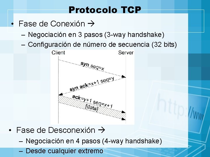 Protocolo TCP • Fase de Conexión – Negociación en 3 pasos (3 -way handshake)