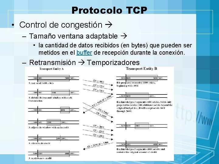 Protocolo TCP • Control de congestión – Tamaño ventana adaptable • la cantidad de