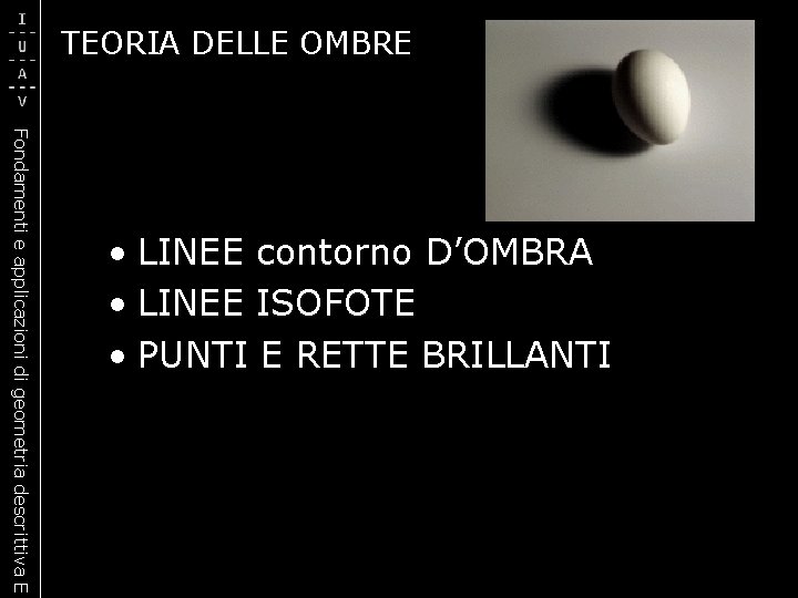 TEORIA DELLE OMBRE Fondamenti e applicazioni di geometria descrittiva E • LINEE contorno D’OMBRA