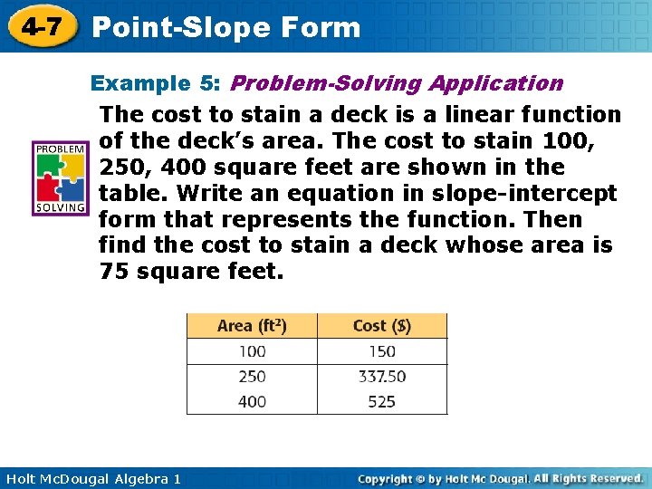4 -7 Point-Slope Form Example 5: Problem-Solving Application The cost to stain a deck