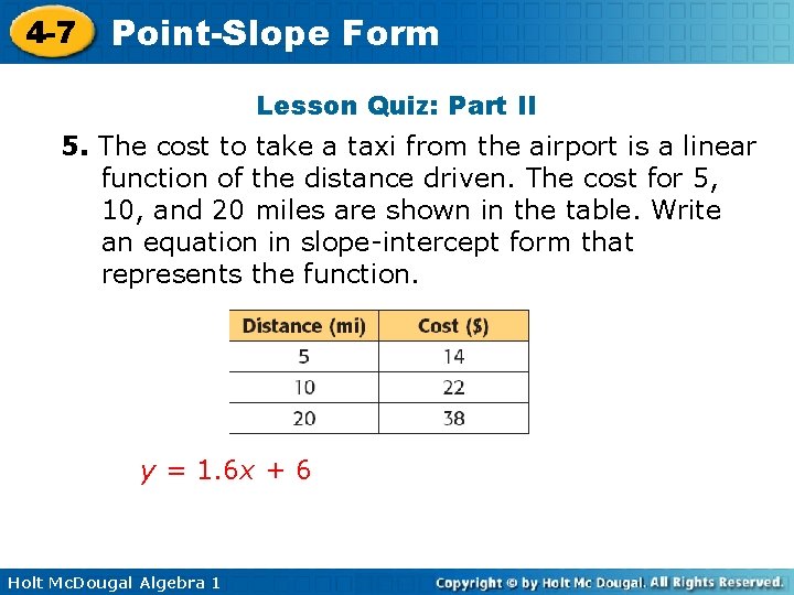 4 -7 Point-Slope Form Lesson Quiz: Part II 5. The cost to take a