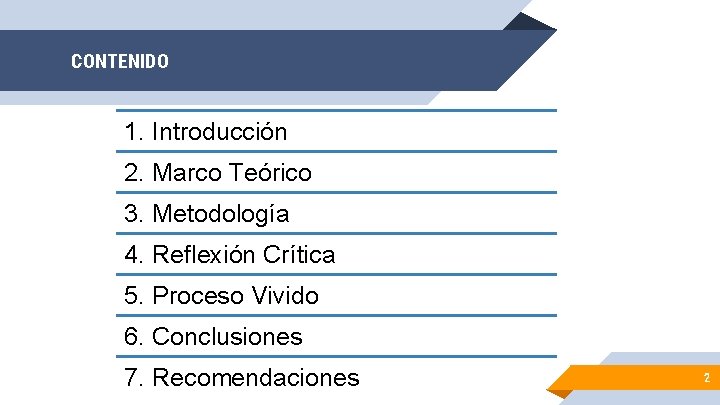 CONTENIDO 1. Introducción 2. Marco Teórico 3. Metodología 4. Reflexión Crítica 5. Proceso Vivido