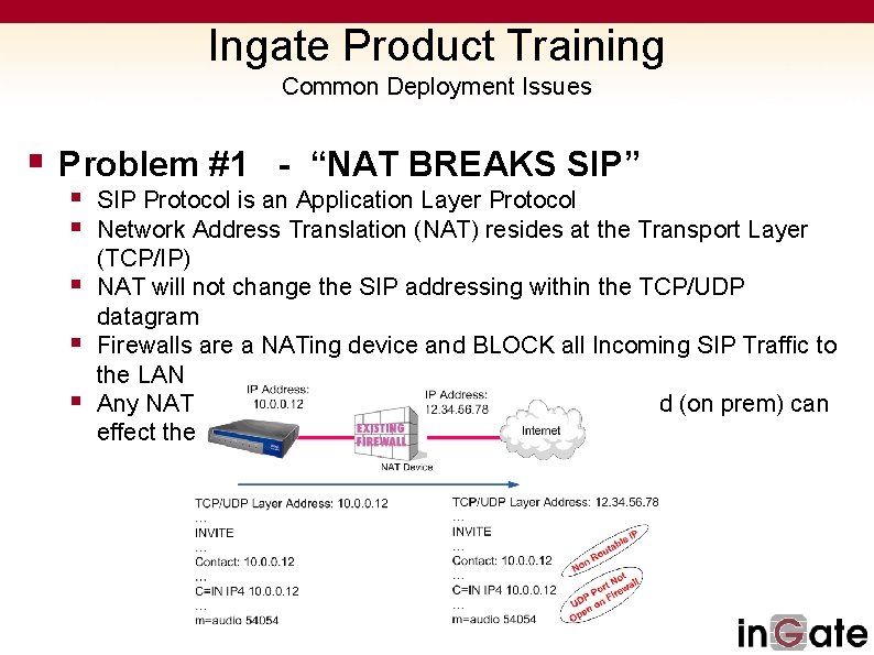 Ingate Product Training Common Deployment Issues § Problem #1 - “NAT BREAKS SIP” §