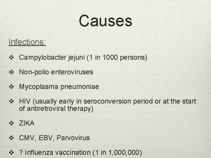 Causes Infections: v Campylobacter jejuni (1 in 1000 persons) v Non-polio enteroviruses v Mycoplasma Causes Infections: v Campylobacter jejuni (1 in 1000 persons) v Non-polio enteroviruses v Mycoplasma