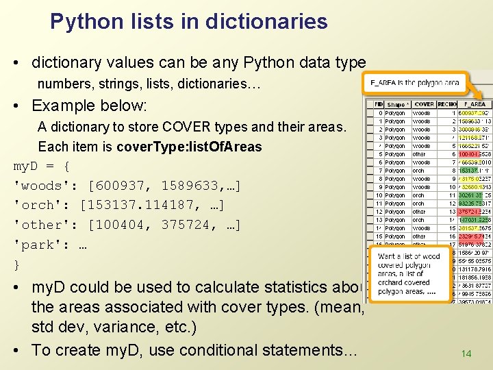 Python lists in dictionaries • dictionary values can be any Python data type numbers,