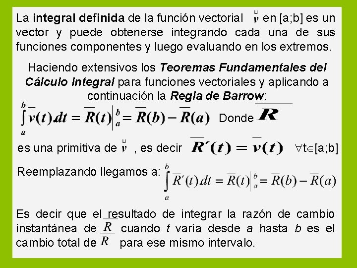 La integral definida de la función vectorial en [a; b] es un vector y