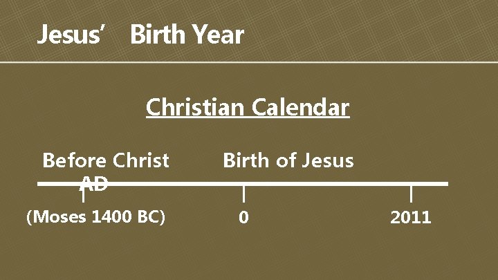 Jesus’ Birth Year Christian Calendar Before Christ AD (Moses 1400 BC) Birth of Jesus