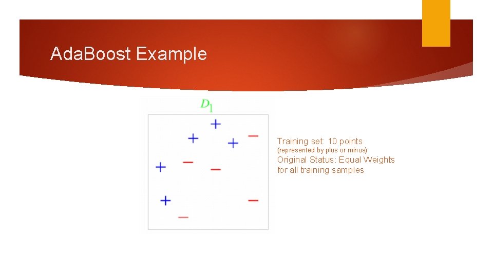 Ada. Boost Example Training set: 10 points (represented by plus or minus) Original Status: