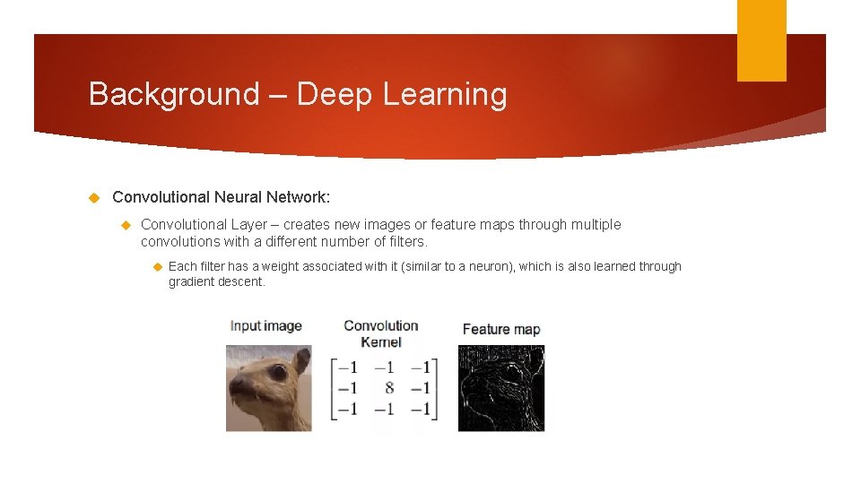 Background – Deep Learning Convolutional Neural Network: Convolutional Layer – creates new images or