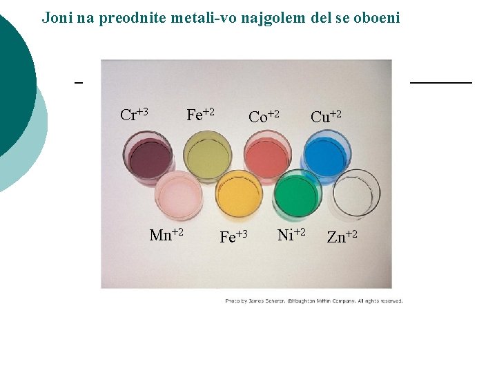 Joni na preodnite metali-vo najgolem del se oboeni Cr+3 Fe+2 Mn+2 Co+2 Fe+3 Ni+2