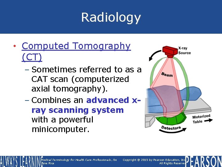 Radiology • Computed Tomography (CT) – Sometimes referred to as a CAT scan (computerized