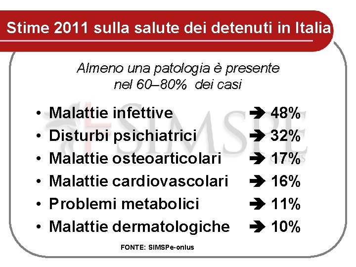 Stime 2011 sulla salute dei detenuti in Italia Almeno una patologia è presente nel Stime 2011 sulla salute dei detenuti in Italia Almeno una patologia è presente nel