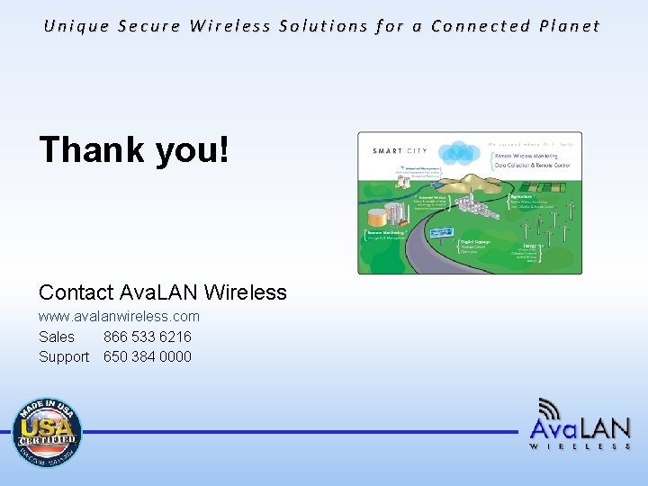 Unique Secure Wireless Solutions for a Connected Planet Thank you! Contact Ava. LAN Wireless