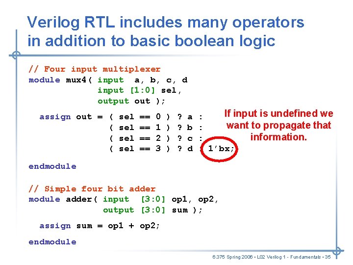 Verilog RTL includes many operators in addition to basic boolean logic // Four input Verilog RTL includes many operators in addition to basic boolean logic // Four input