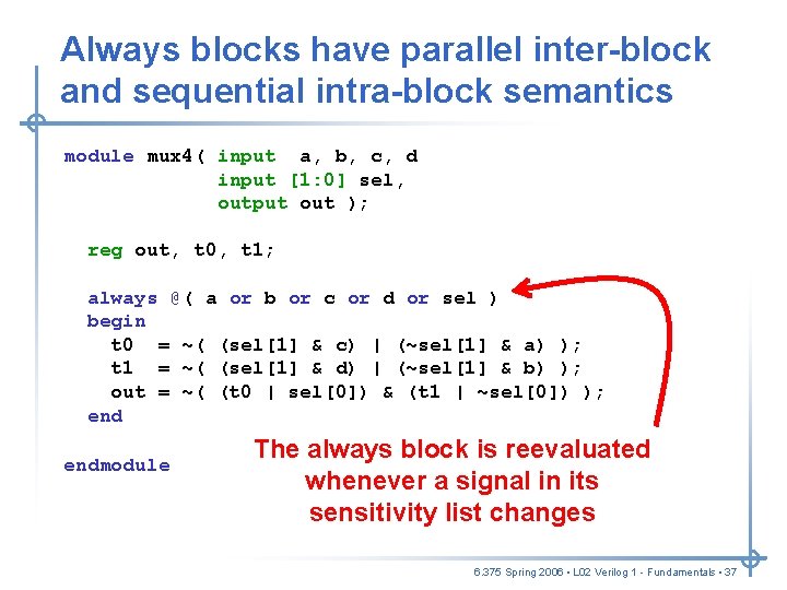 Always blocks have parallel inter-block and sequential intra-block semantics module mux 4( input a, Always blocks have parallel inter-block and sequential intra-block semantics module mux 4( input a,