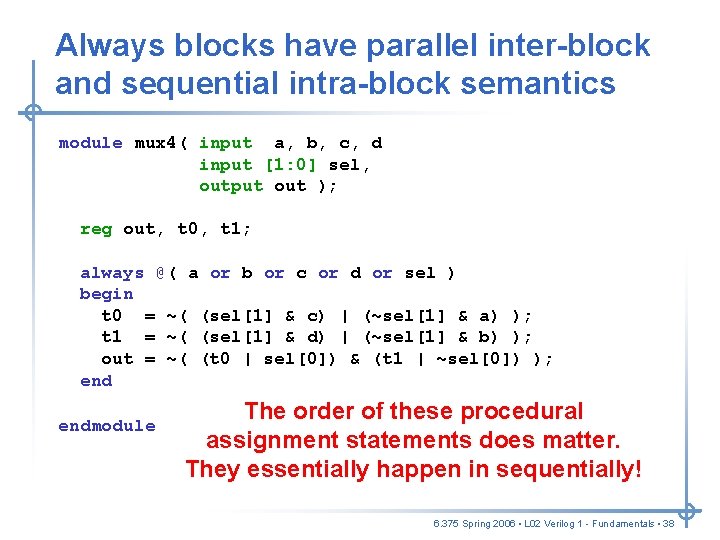 Always blocks have parallel inter-block and sequential intra-block semantics module mux 4( input a, Always blocks have parallel inter-block and sequential intra-block semantics module mux 4( input a,