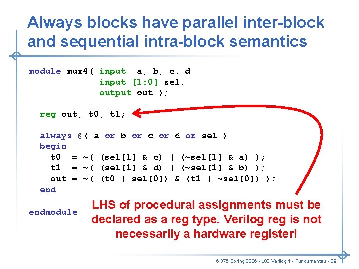 Always blocks have parallel inter-block and sequential intra-block semantics module mux 4( input a, Always blocks have parallel inter-block and sequential intra-block semantics module mux 4( input a,