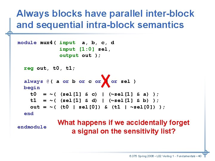 Always blocks have parallel inter-block and sequential intra-block semantics module mux 4( input a, Always blocks have parallel inter-block and sequential intra-block semantics module mux 4( input a,