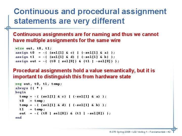 Continuous and procedural assignment statements are very different Continuous assignments are for naming and Continuous and procedural assignment statements are very different Continuous assignments are for naming and