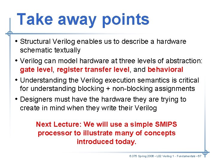 Take away points • Structural Verilog enables us to describe a hardware schematic textually Take away points • Structural Verilog enables us to describe a hardware schematic textually