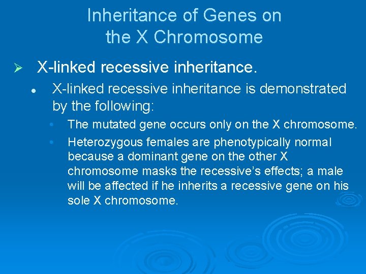 Inheritance of Genes on the X Chromosome X linked recessive inheritance. Ø l X